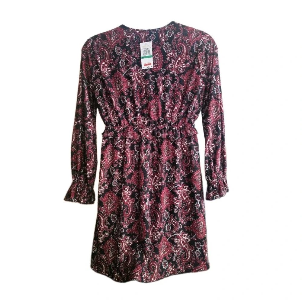NWT Michael Michael Kors Black Maroon Paisley Faux Wrap Ruffle Sleeves Dress L - Picture 3 of 6